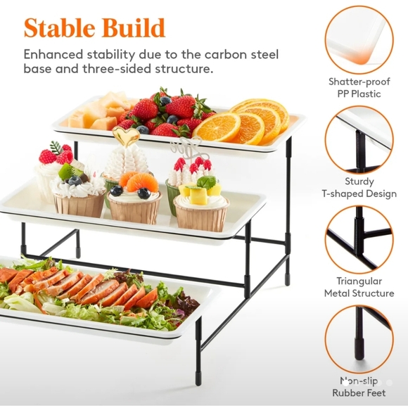 3 Tier Plastic Serving Tray for Party Supplies, 12" x 6.5" Platters for Serving - Picture 2 of 7